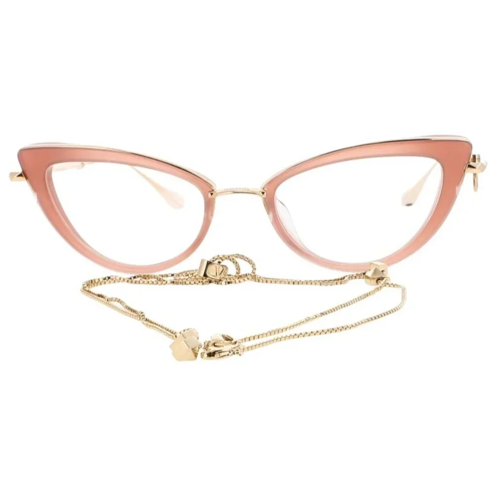NWT VALENTINO EYEGLASSES CAT EYE WOMEN GOLD/ROSE WITH CHAIN